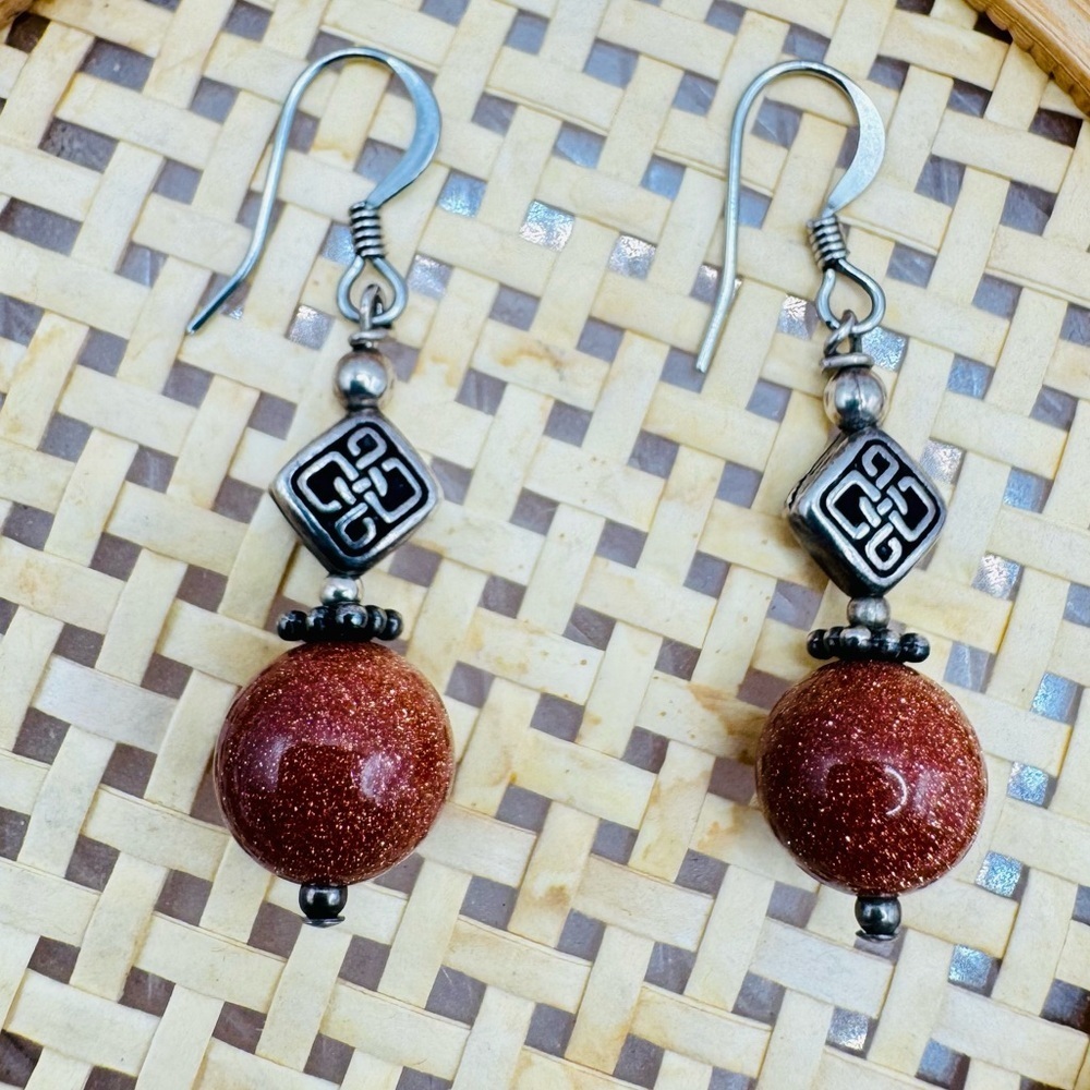 Sunstone Silver Sparkle Dangle Earrings | Celtic Knot Accent Boho Artisan Style